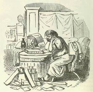 Scipio Aemilianus cramming himself for a speech after a hearty supper. Image by John Leech, from: The Comic History of Rome by Gilbert Abbott A Beckett. Bradbury, Evans & Co, London, 1850s